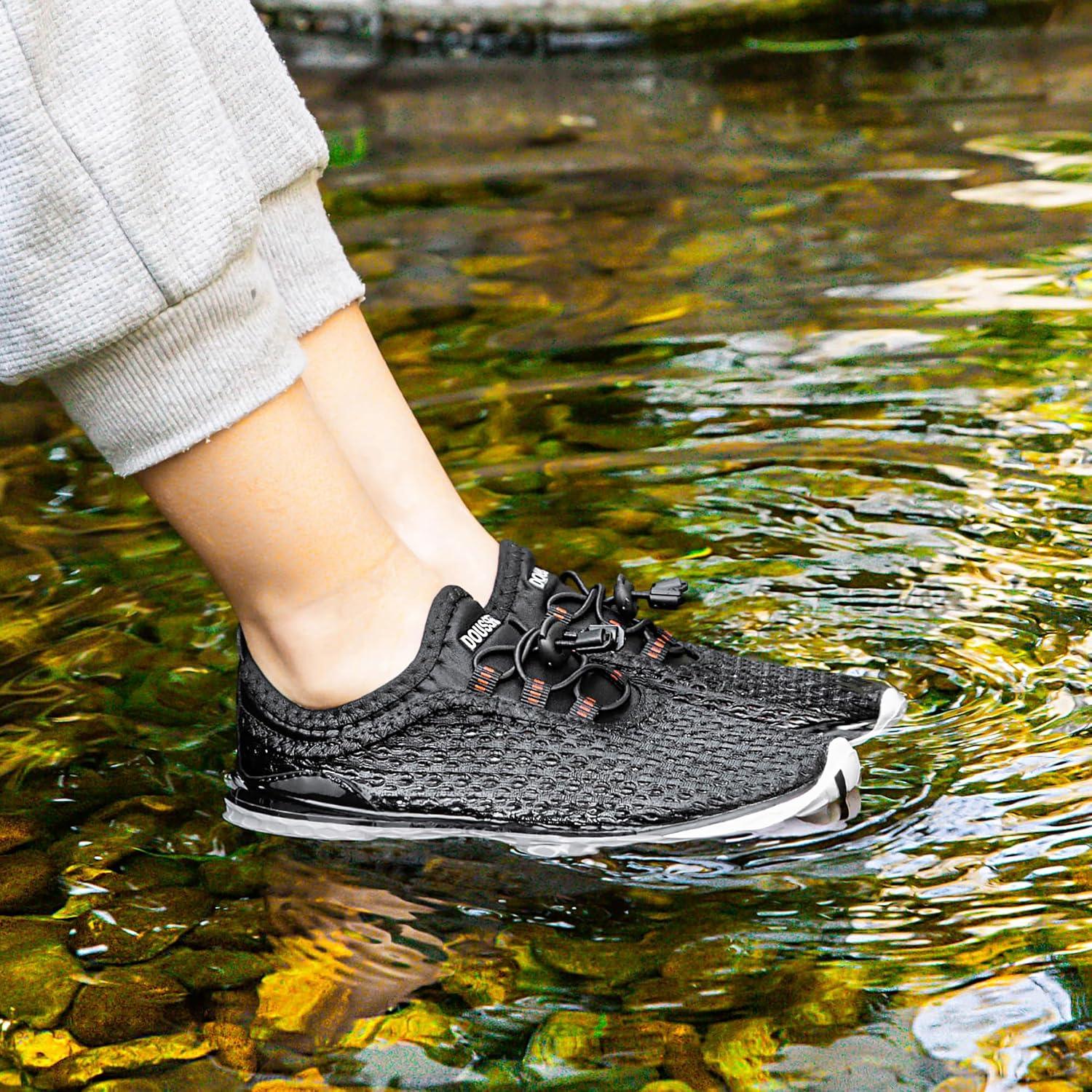 imageDOUSSPRT Water Shoes for Kids Boys Girls Quick Dry Beach Sports Swim Pool Aqua Shoes for ToddlerLittle KidBig KidBlackWhite