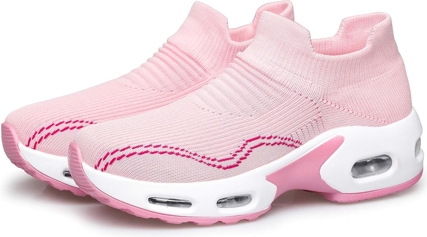 imageDOUSSPRT Womens Walking Shoes Slip on Sock Sneakers Lady Girls Nurse Mesh Air Cushion Platform Loafers Fashion CasualPink