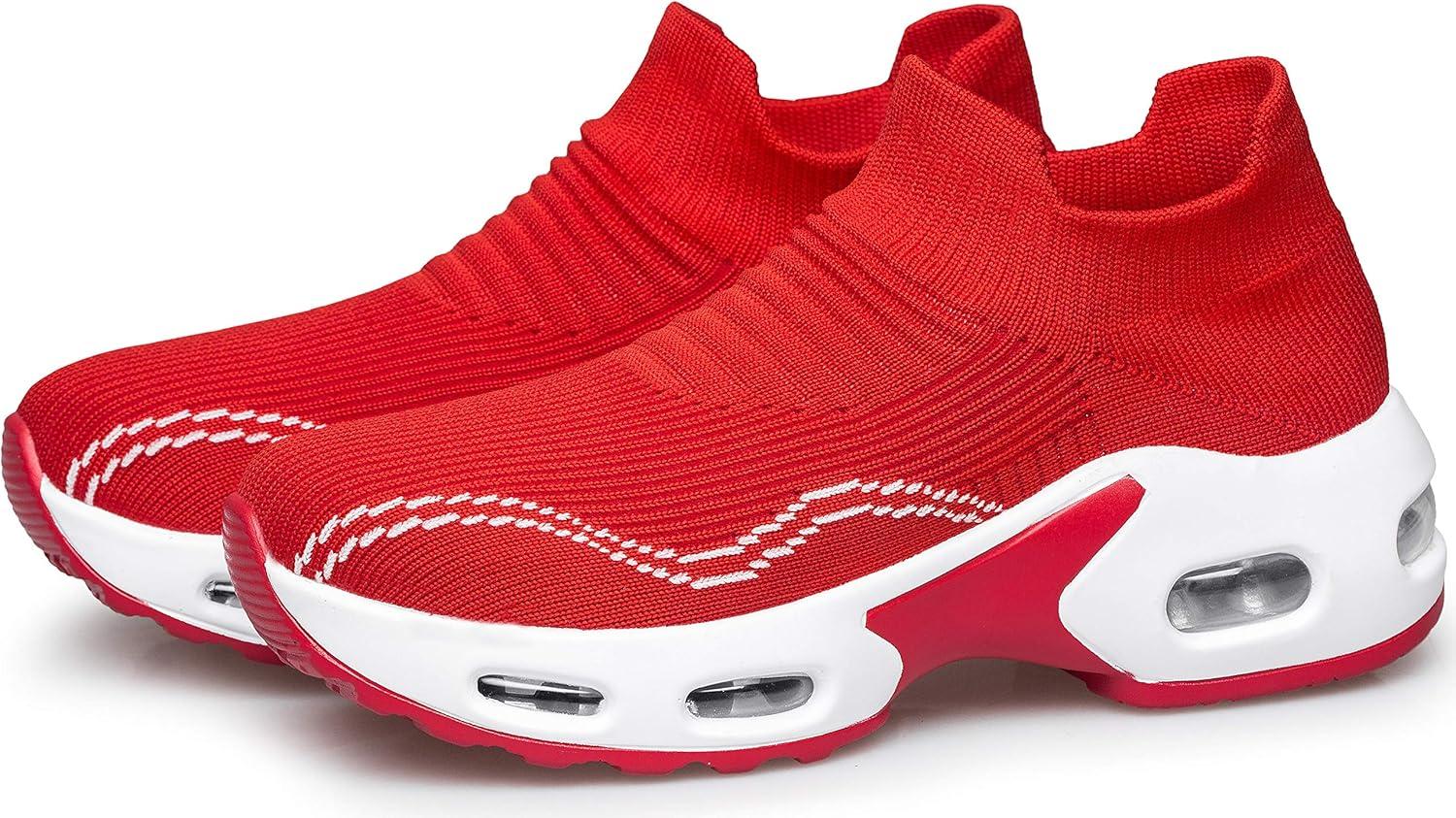imageDOUSSPRT Womens Walking Shoes Slip on Sock Sneakers Lady Girls Nurse Mesh Air Cushion Platform Loafers Fashion CasualRed