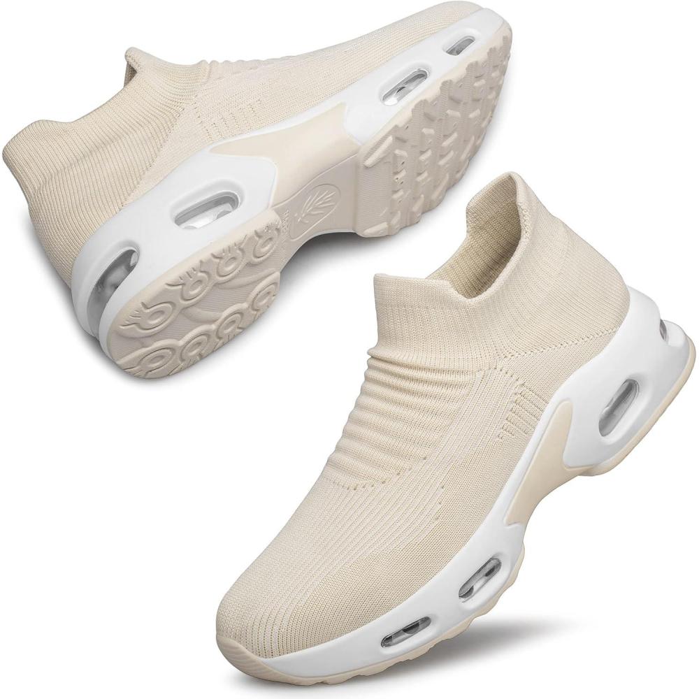 imageDOUSSPRT Womens Walking Shoes Slip on Sock Sneakers Lady Girls Nurse Mesh Air Cushion Platform Loafers Fashion CasualApricot