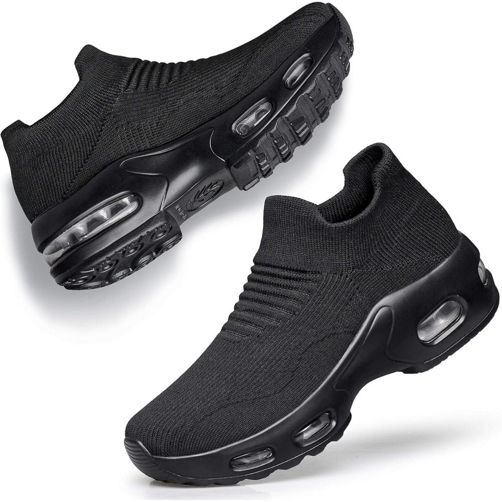 imageDOUSSPRT Womens Walking Shoes Slip on Sock Sneakers Lady Girls Nurse Mesh Air Cushion Platform Loafers Fashion CasualBlack