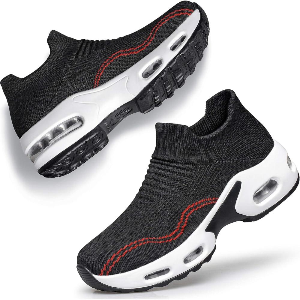 imageDOUSSPRT Womens Walking Shoes Slip on Sock Sneakers Lady Girls Nurse Mesh Air Cushion Platform Loafers Fashion CasualBlackwhite
