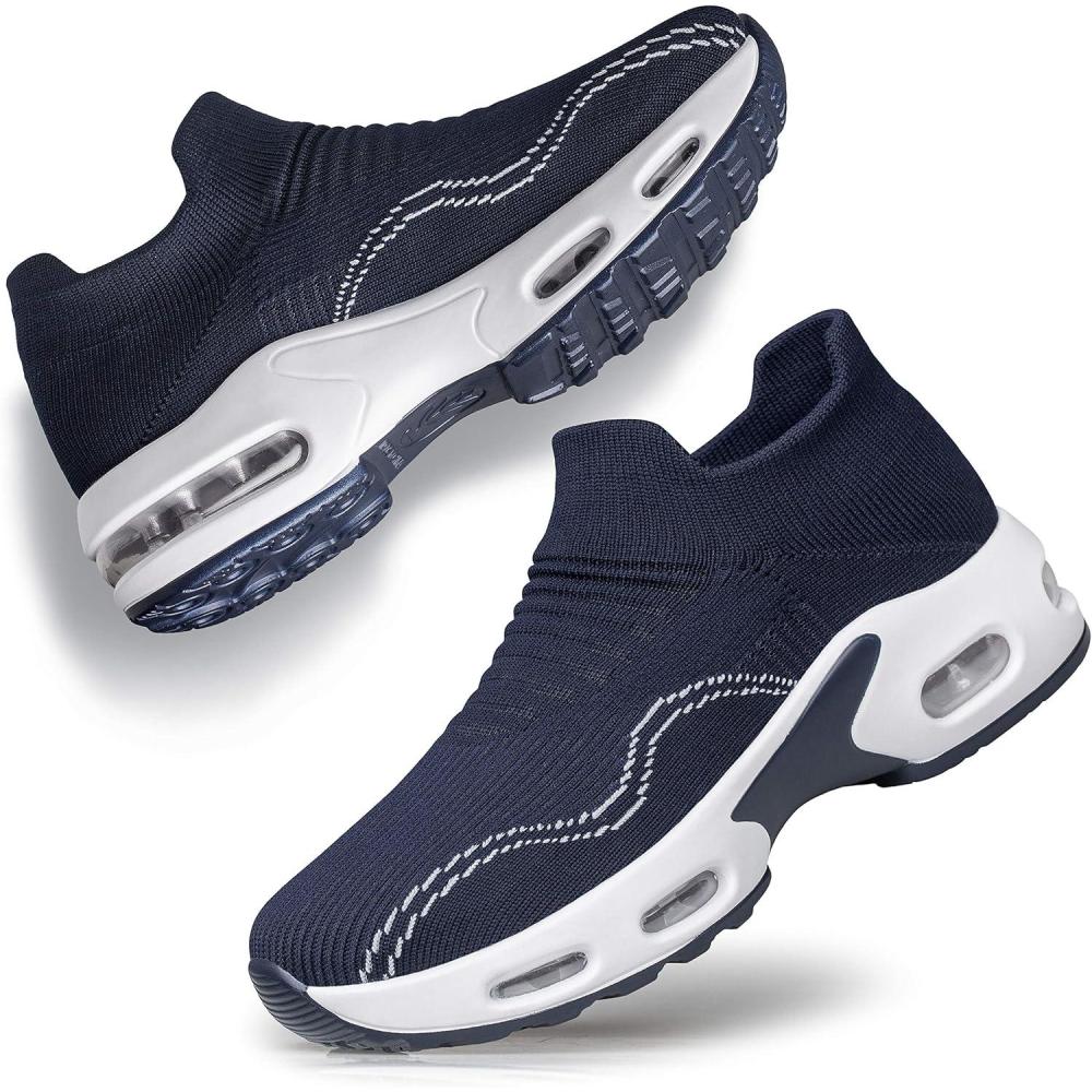imageDOUSSPRT Womens Walking Shoes Slip on Sock Sneakers Lady Girls Nurse Mesh Air Cushion Platform Loafers Fashion CasualDarkblue