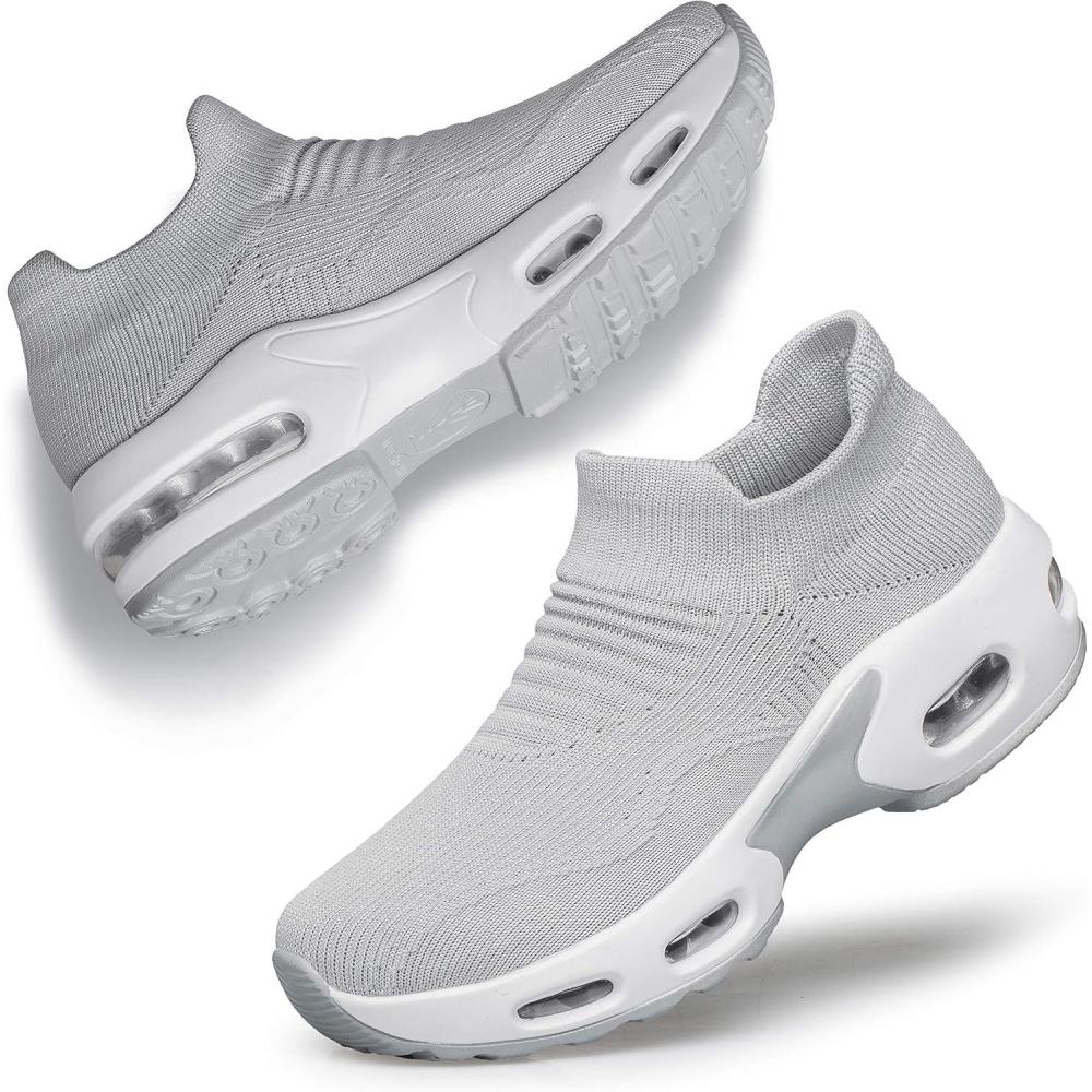 imageDOUSSPRT Womens Walking Shoes Slip on Sock Sneakers Lady Girls Nurse Mesh Air Cushion Platform Loafers Fashion CasualLightgrey