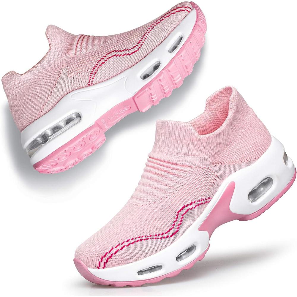 imageDOUSSPRT Womens Walking Shoes Slip on Sock Sneakers Lady Girls Nurse Mesh Air Cushion Platform Loafers Fashion CasualPink