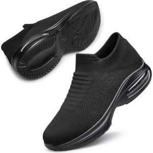 DOUSSPRT Womens Walking Shoes Slip on Sock Sneakers Lady Girls Nurse Mesh Air Cushion Platform Loafers Fashion Casual(Allblack 017)