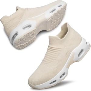 DOUSSPRT Womens Walking Shoes Slip on Sock Sneakers Lady Girls Nurse Mesh Air Cushion Platform Loafers Fashion Casual(Apricot)