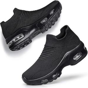 DOUSSPRT Womens Walking Shoes Slip on Sock Sneakers Lady Girls Nurse Mesh Air Cushion Platform Loafers Fashion Casual(Black)