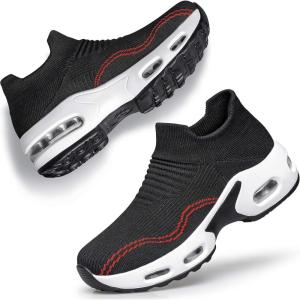 DOUSSPRT Womens Walking Shoes Slip on Sock Sneakers Lady Girls Nurse Mesh Air Cushion Platform Loafers Fashion Casual(Black&white)