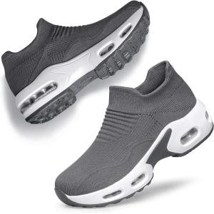 DOUSSPRT Womens Walking Shoes Slip on Sock Sneakers Lady Girls Nurse Mesh Air Cushion Platform Loafers Fashion Casual(Dark Grey)