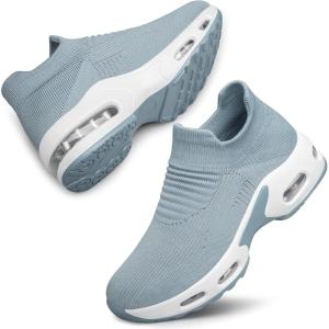 DOUSSPRT Womens Walking Shoes Slip on Sock Sneakers Lady Girls Nurse Mesh Air Cushion Platform Loafers Fashion Casual(Greyblue)