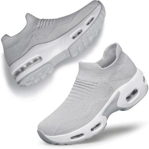 DOUSSPRT Womens Walking Shoes Slip on Sock Sneakers Lady Girls Nurse Mesh Air Cushion Platform Loafers Fashion Casual(Lightgrey)
