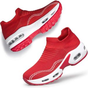 DOUSSPRT Womens Walking Shoes Slip on Sock Sneakers Lady Girls Nurse Mesh Air Cushion Platform Loafers Fashion Casual(Red)