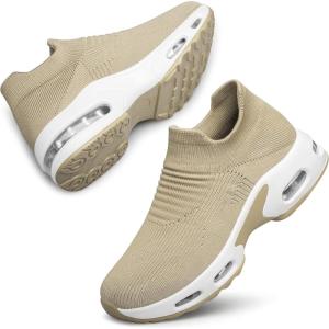 DOUSSPRT Womens Walking Shoes Slip on Sock Sneakers Lady Girls Nurse Mesh Air Cushion Platform Loafers Fashion Casual(Yellowbrown)
